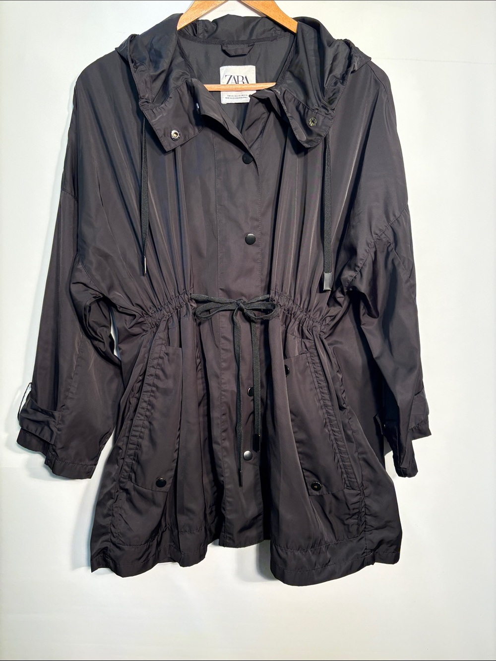 Zara Black Hooded Utility Jacket with Drawstring Waist and Attached Carry Bag